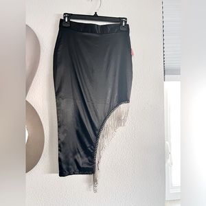 Women's Rhinestone Fringe Trim Split Thigh Midi Skirt High Waisted Asymmetrical